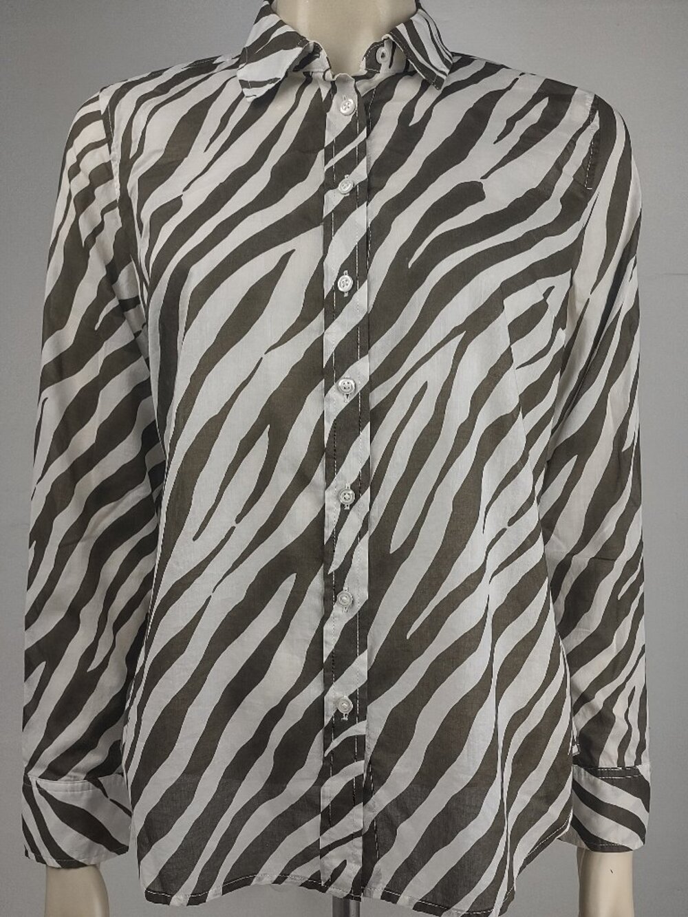 NWT Talbots brown white zebra print semi sheer button up shirt Petite Medium